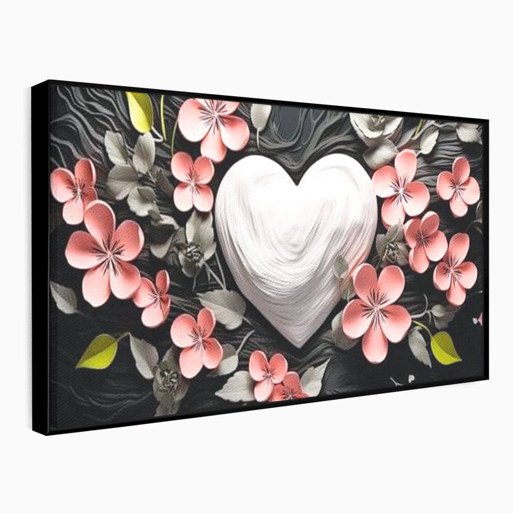 Tablou canvas cu tablou canvas cu inima alba si flori roz, in rama de aluminiu negru